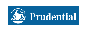 Prudential logo with white font and white lighthouse graphic on blue background