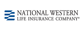Logo of National Western Life Insurance Company with blue stripes and black text.