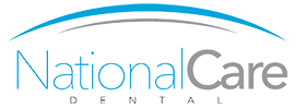Logo for National Care Dental, featuring text in blue and black with a curved blue line above.