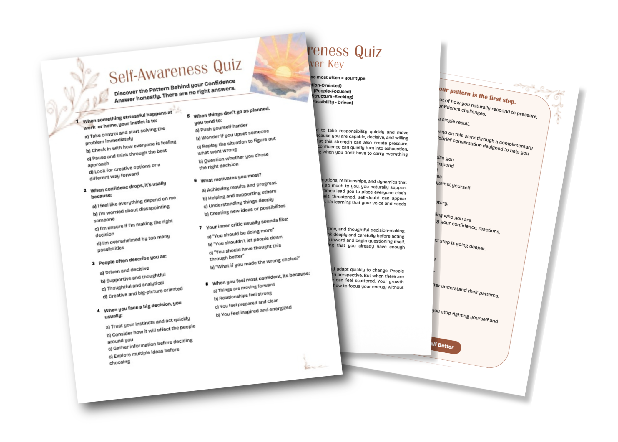 Multiple pages of a self-awareness quiz with questions and tips about confidence and decision-making.