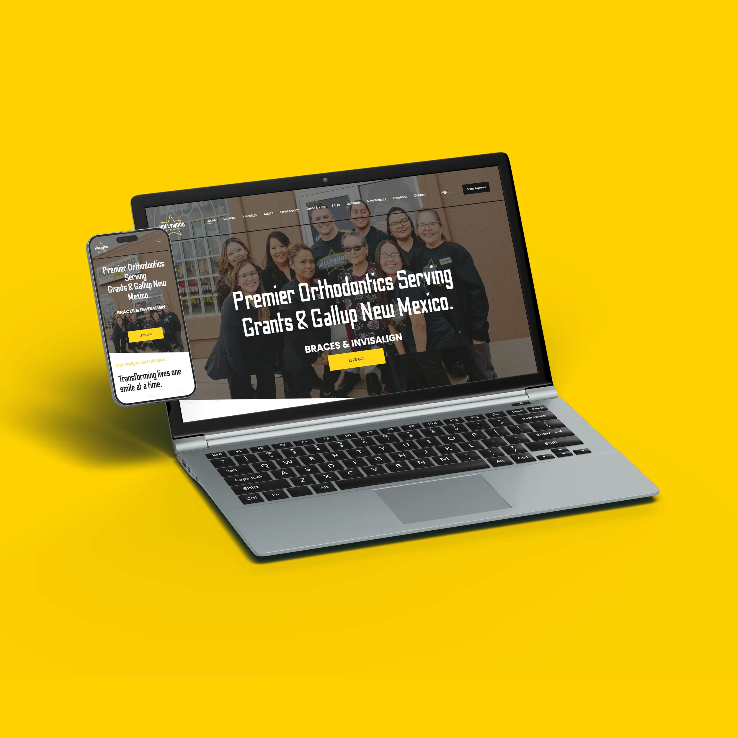 A laptop and smartphone displaying a dental clinic's website with a group photo of staff and text about orthodontics serving Grants and Gallup, New Mexico, on a yellow background.