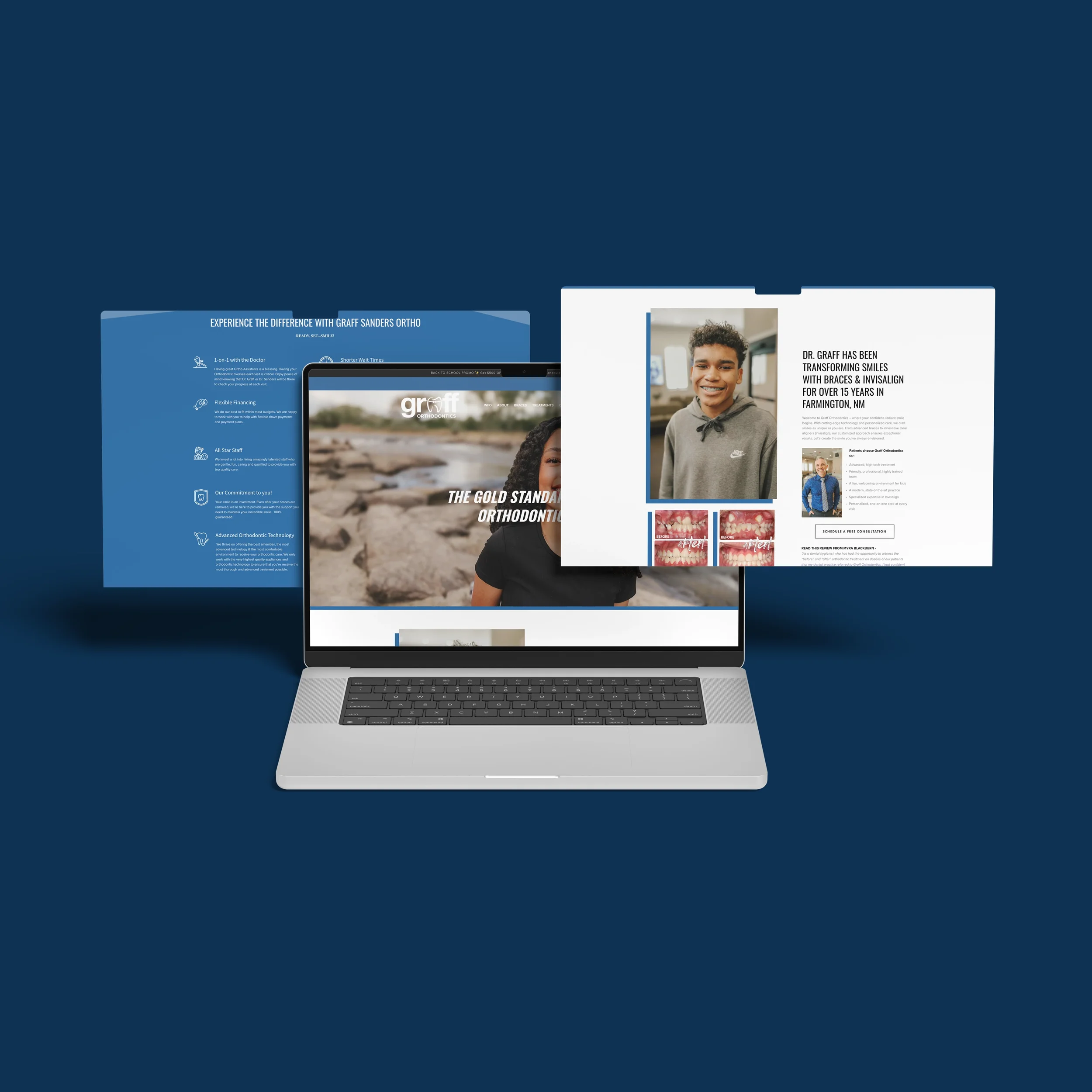 Open laptop displaying a website for orthodontics, with informational pages and images of a young boy and dental braces, set against a solid blue background.