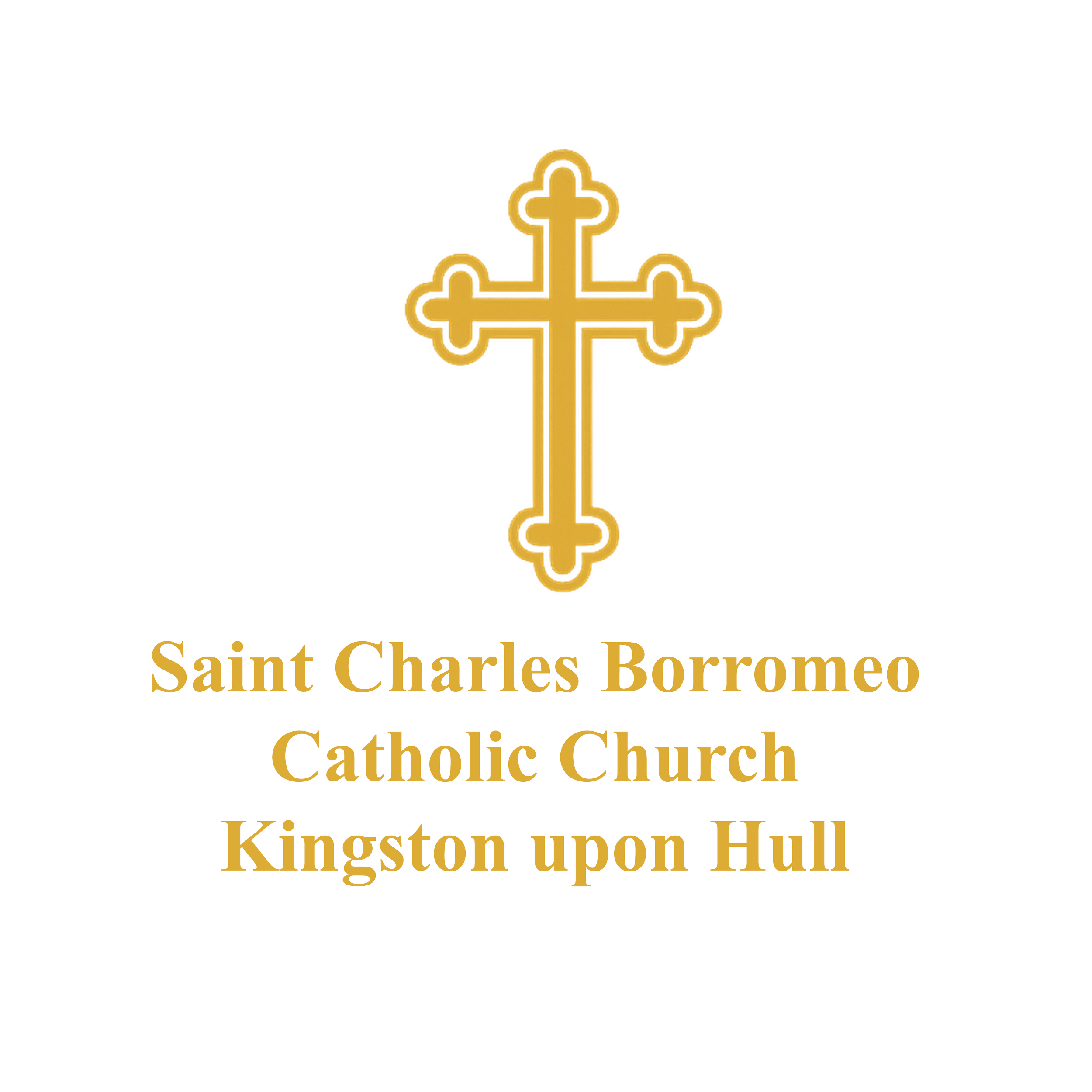 Golden cross with text below it reading "Saint Charles Borromeo Catholic Church Kingston upon Hull" in gold and white letters.