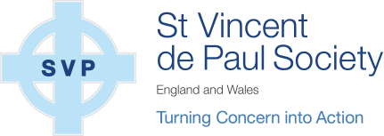 Logo of St Vincent de Paul Society, featuring a blue cross with 'SVP' in the center, and text 'St Vincent de Paul Society' with the tagline 'Turning Concern into Action.'