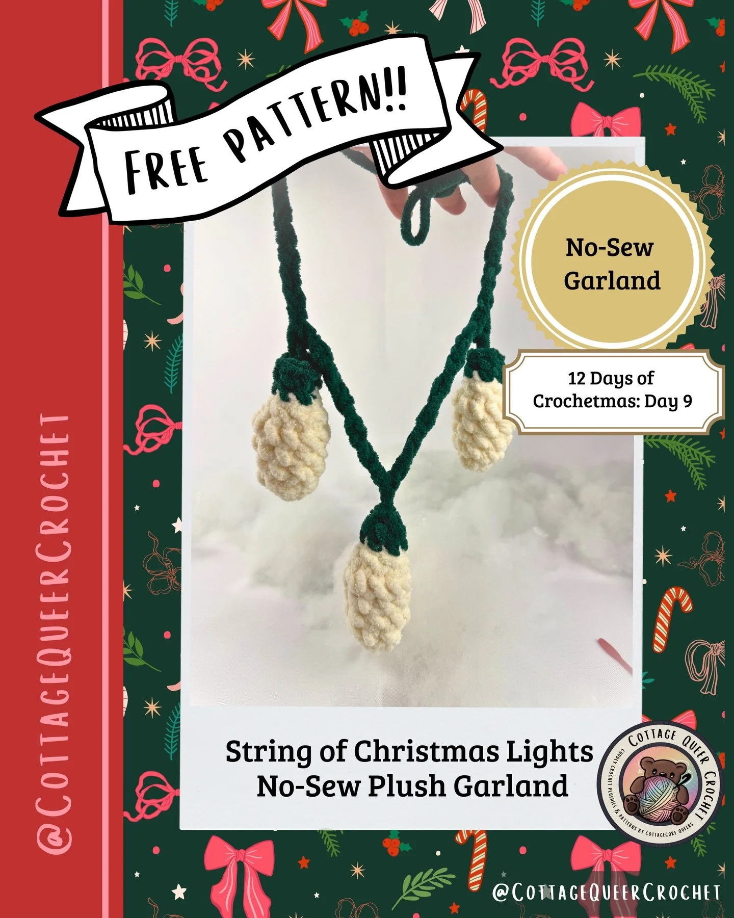 ✨ Day 8 of 12 Days of Crochetmas🎄
 Today&rsquo;s pattern is a No-Sew Christmas Light Garland &mdash; soft, colorful, and completely customizable. Make it short and sweet for a shelf or doorway&hellip; or keep going until you&rsquo;ve crocheted enoug