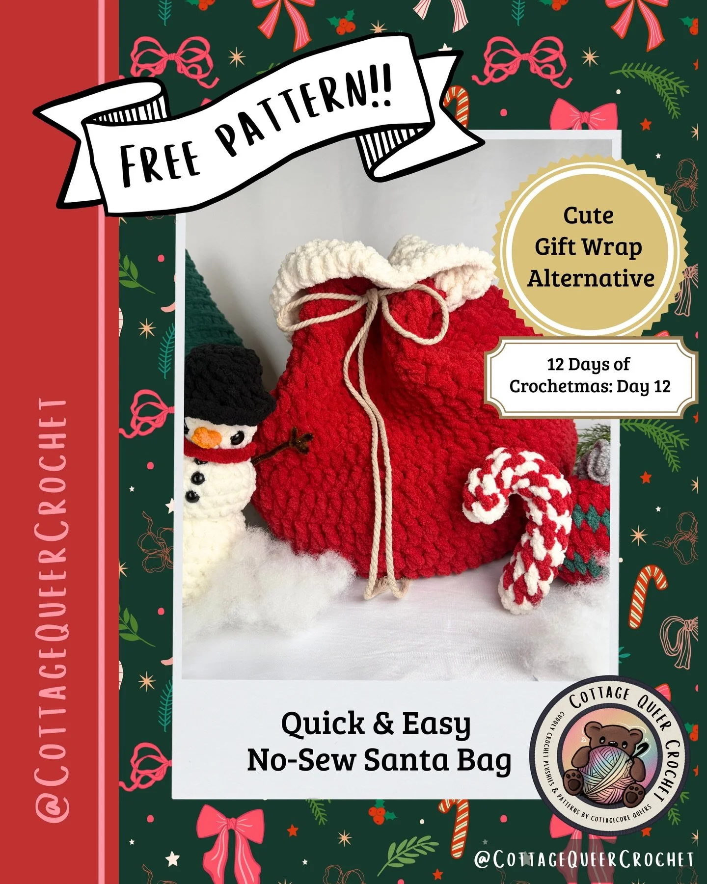 ✨ Day 12 of 12 Days of Crochetmas 🎅🎁

We made it to the final day! Today&rsquo;s pattern is a Santa Bag &mdash; a quick, squishy little pouch perfect for treats, trinkets, tiny gifts, or whatever festive chaos you need to stash away. Made with spee