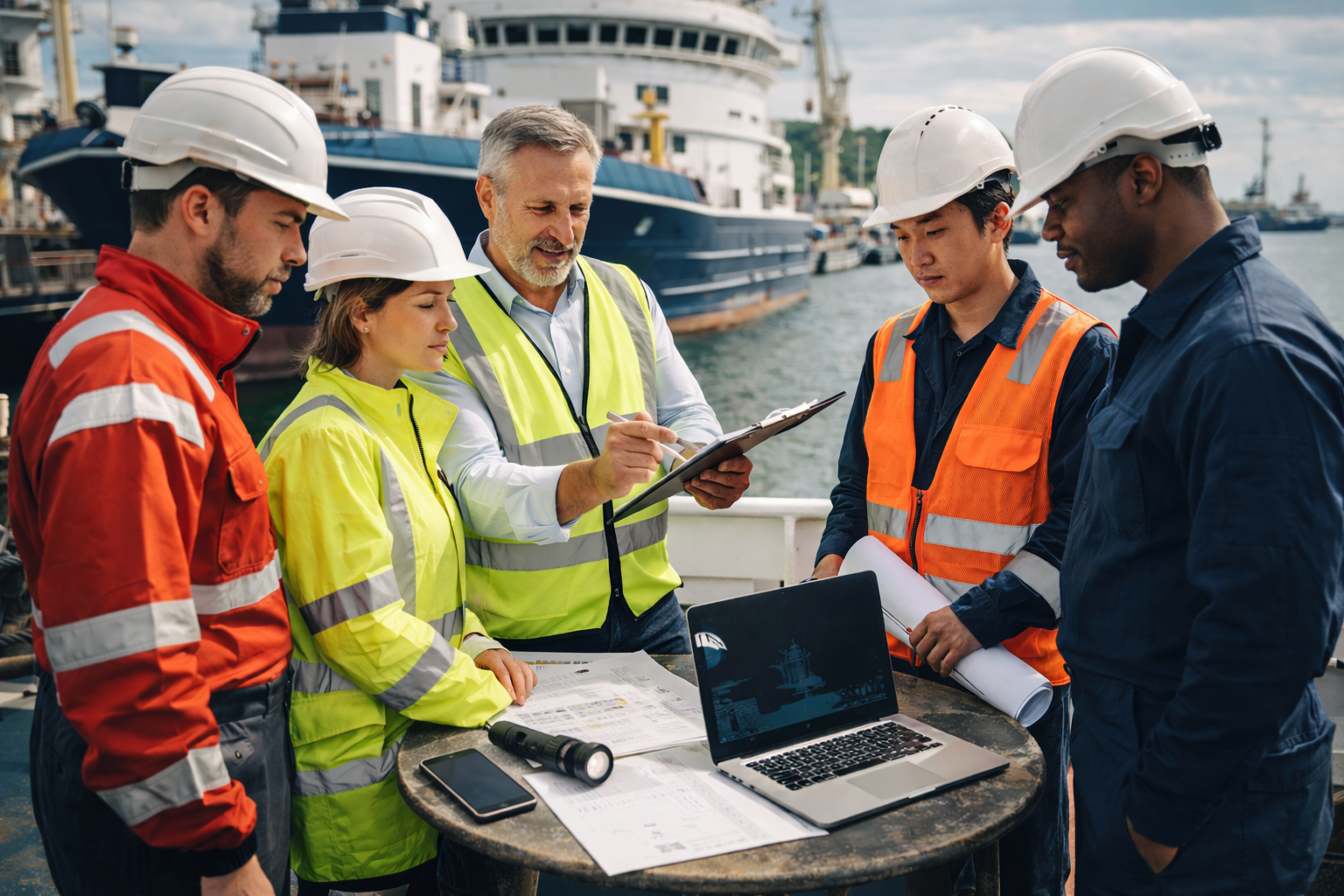 A group of six construction workers and engineers, wearing safety helmets and vests, gathered around a table with documents, a laptop, and a flashlight, discussing plans near a docked ship.