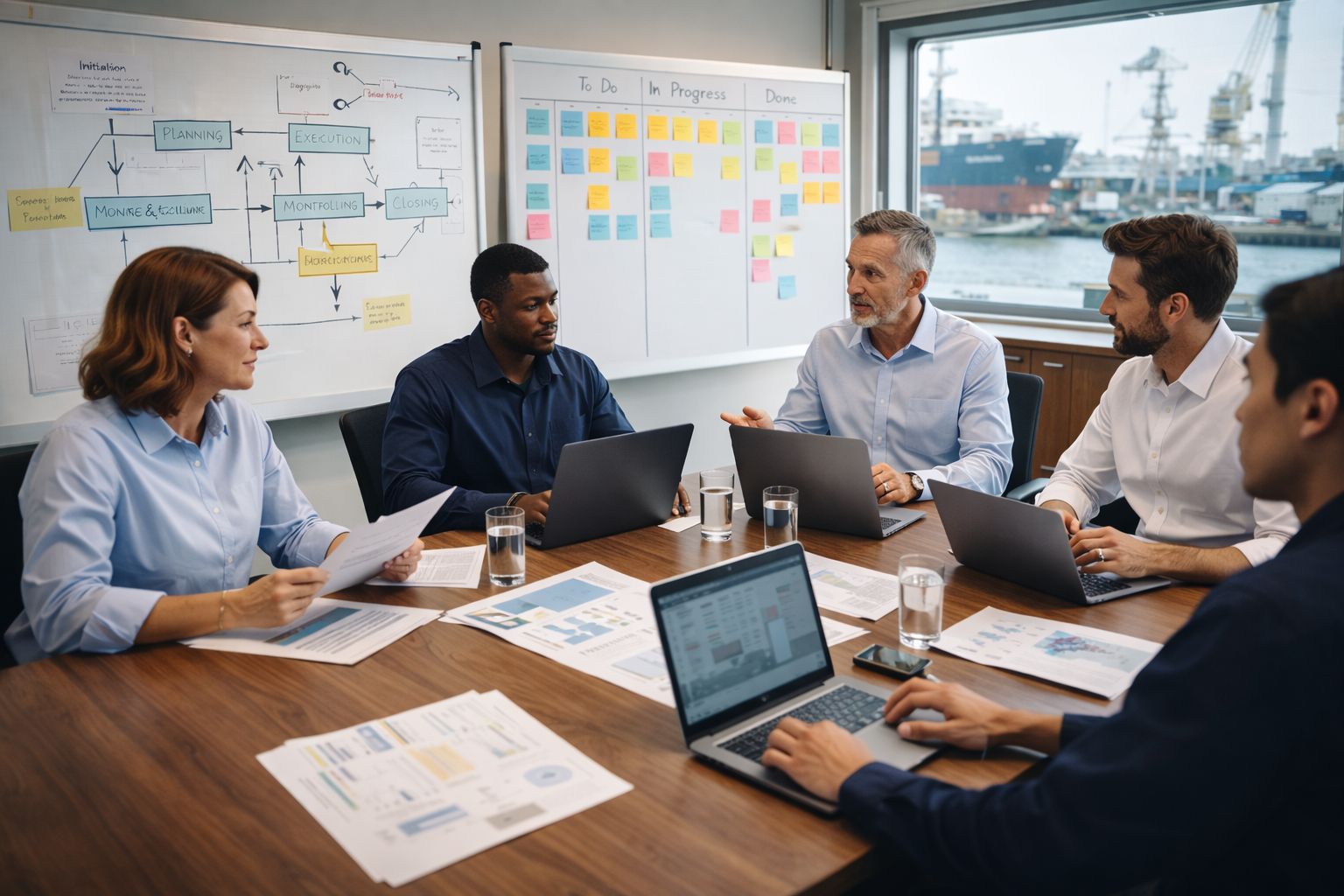 Business meeting in a conference room with six diverse professionals sitting around a table with laptops and documents, whiteboards with charts and a harbor view through large windows.