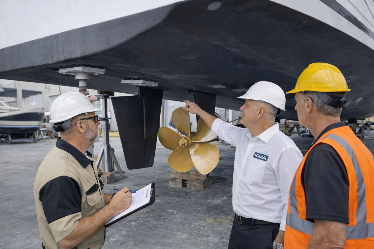 Three men in safety helmets and work attire inspecting the propeller and underside of a boat in a marina or boatyard with other boats in the background.