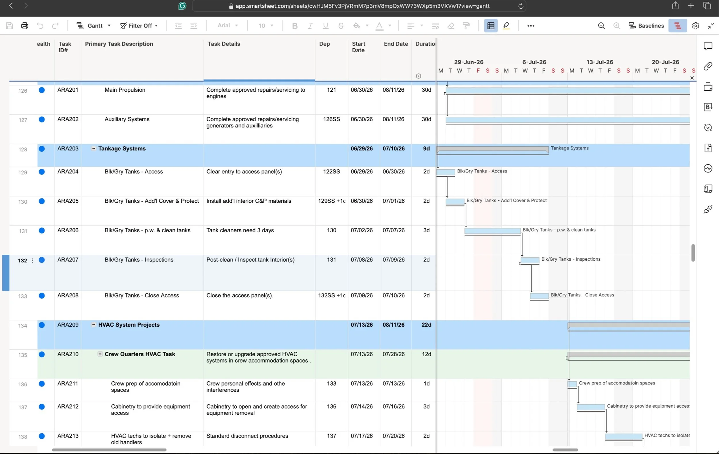 KEY Marine Advisors WBS and Gantt schedule document used for project turnaround and recovery planning.