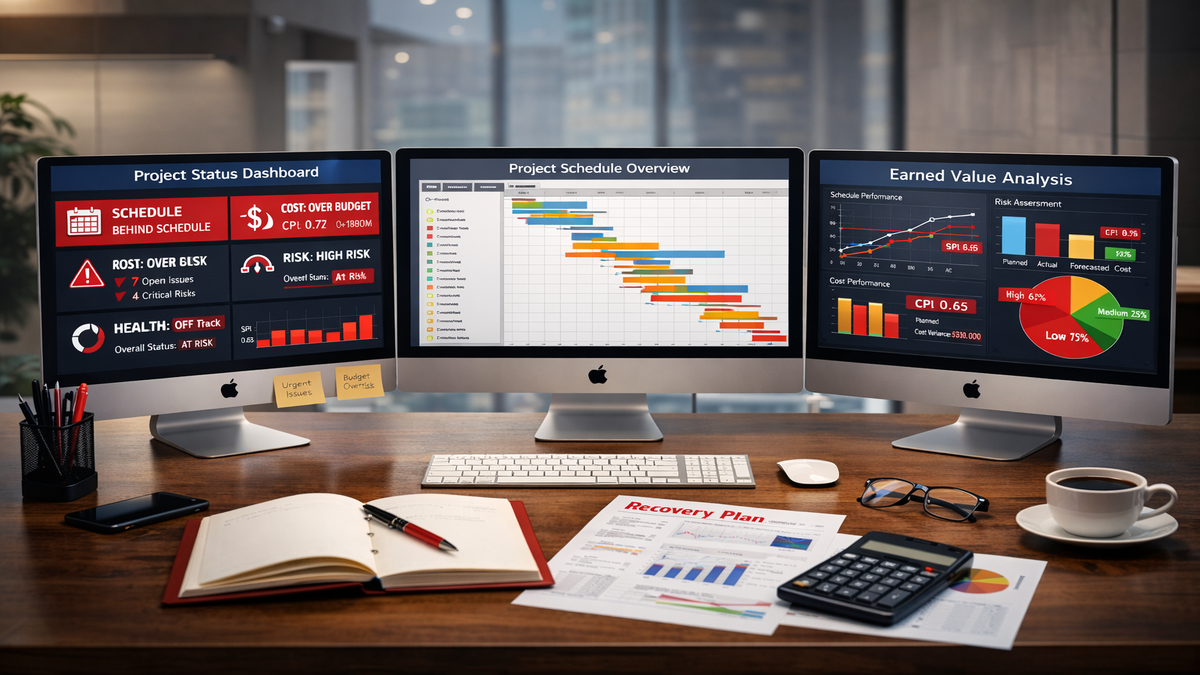Person gesturing toward a computer monitor displaying a stock market graph with red and green candlesticks, a calculator, printed financial charts, and a hand pointing at the papers on a desk.