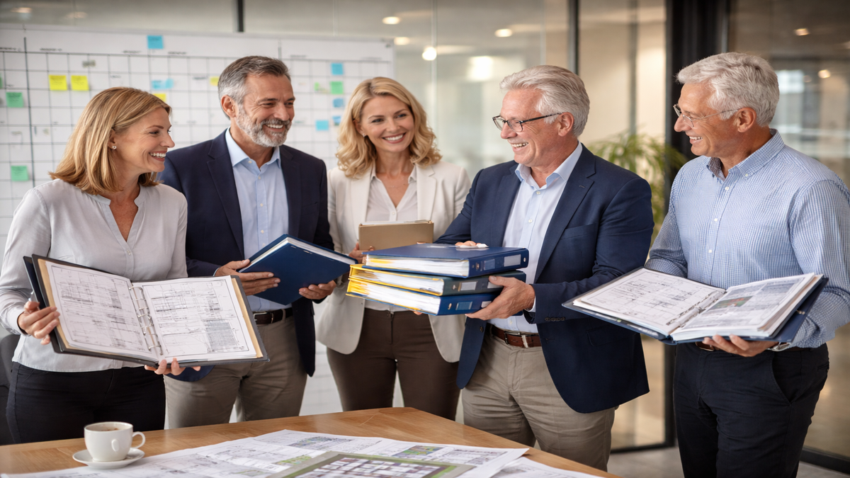 Group of five professionals in a modern office, smiling and exchanging documents and blueprints during a meeting.