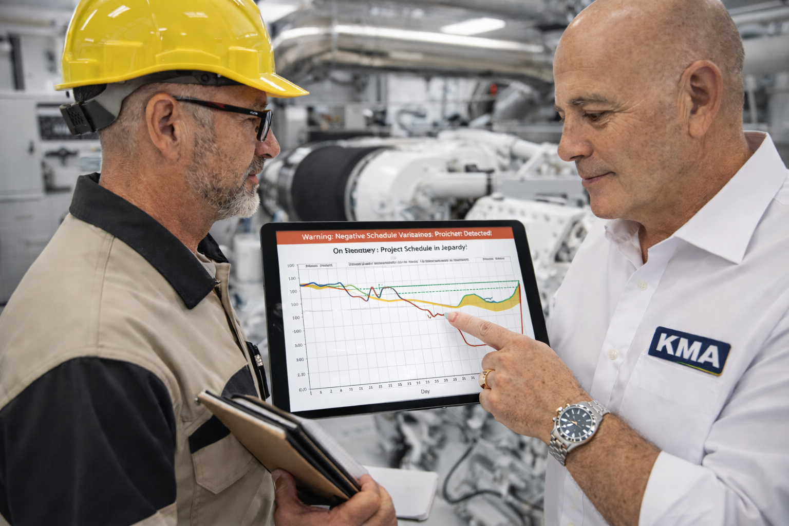 Two men in a manufacturing facility examining a tablet with a project schedule graph. One man wears a yellow safety helmet and glasses, while the other has a white shirt with a KMA logo. The background includes machinery.