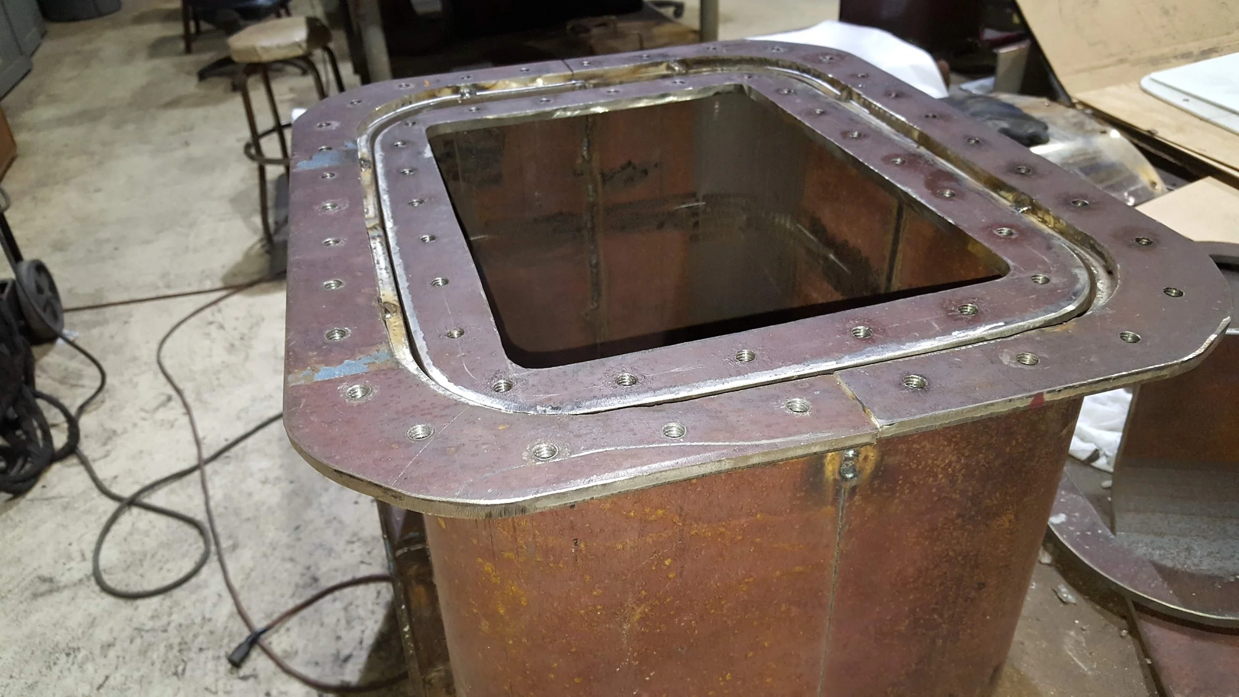 Marine sea chest in fabrication during commercial vessel drydock refit — coffer dam fabrication prior to installation in vessel as managed by KEY Marine Advisors