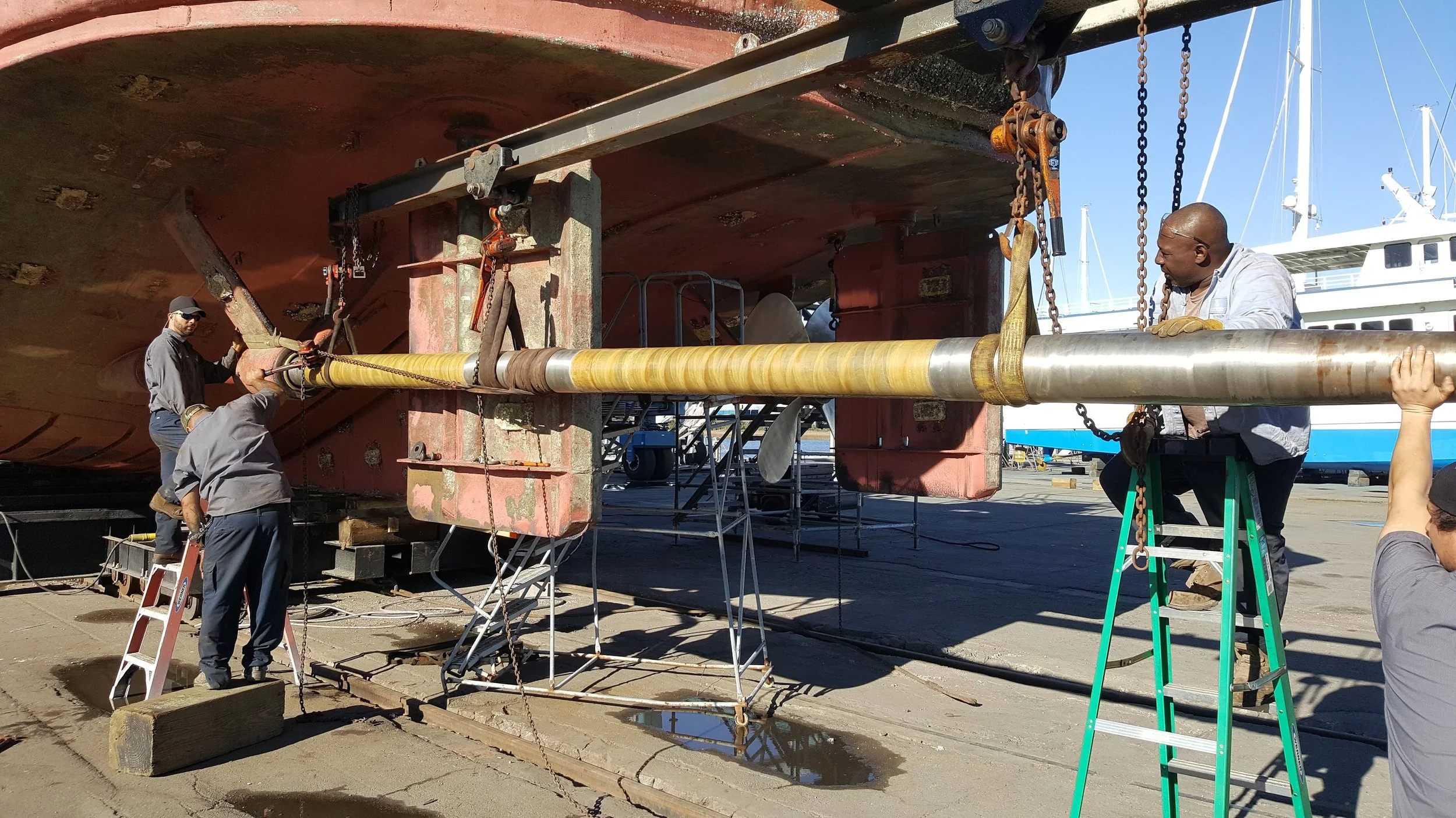 Propeller shaft inspection and assessment during commercial vessel drydock refit — shaftline rebuilding overseen by KEY Marine Advisors