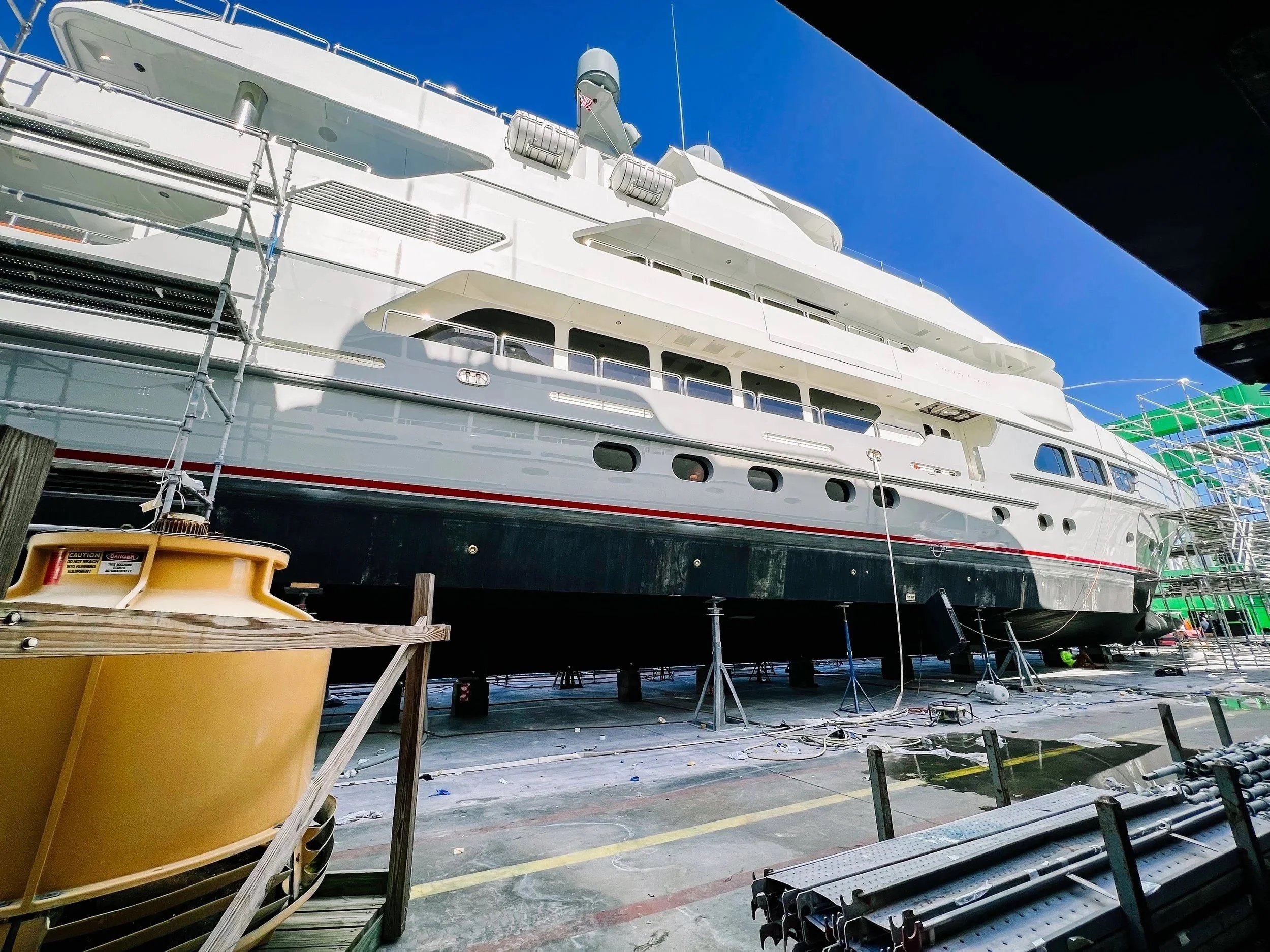 A KEY Marine Advisors' client vessel, a Christensen 164' superyacht, blocked and ready to begin annual maintenance and work packages.