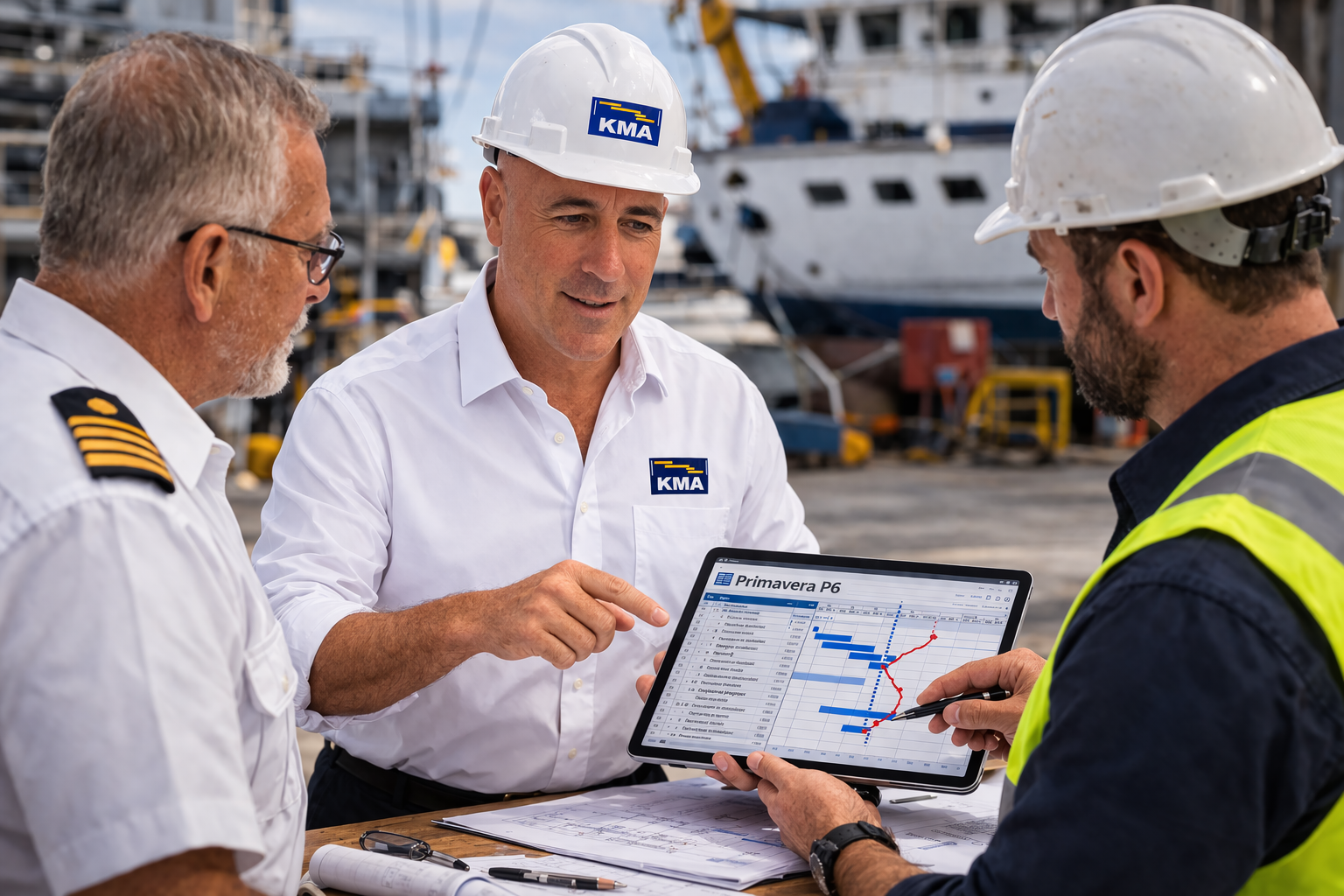 Three men in safety gear discussing a project on a digital tablet at a shipyard.