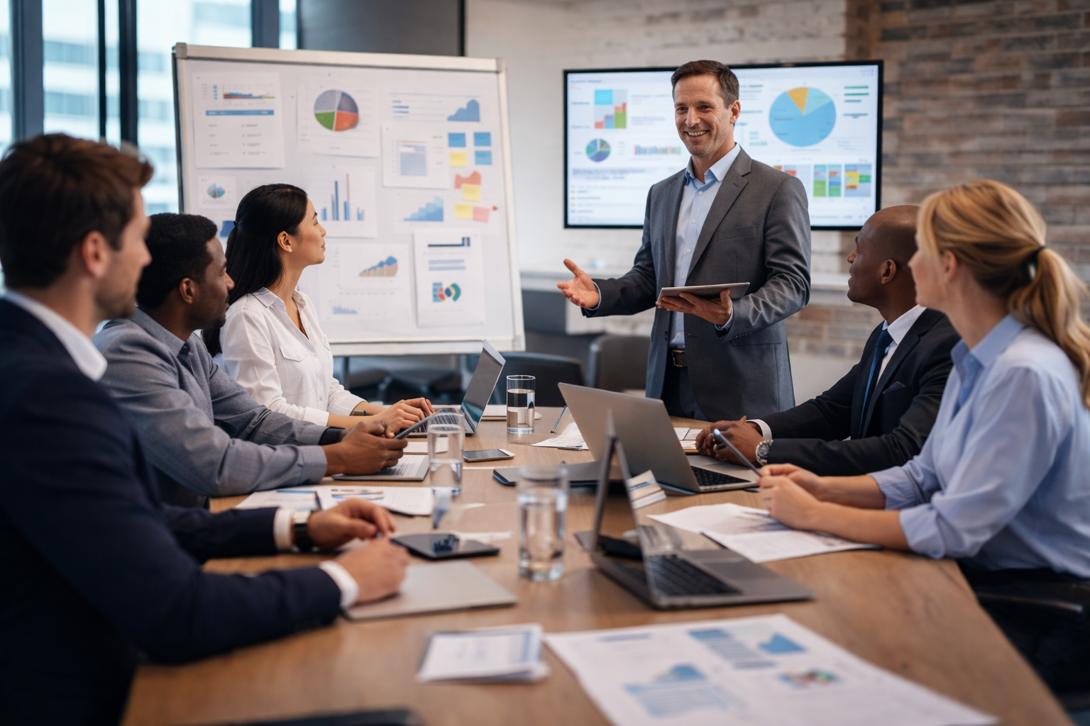Business meeting with diverse team listening to presenter in a conference room with charts on display