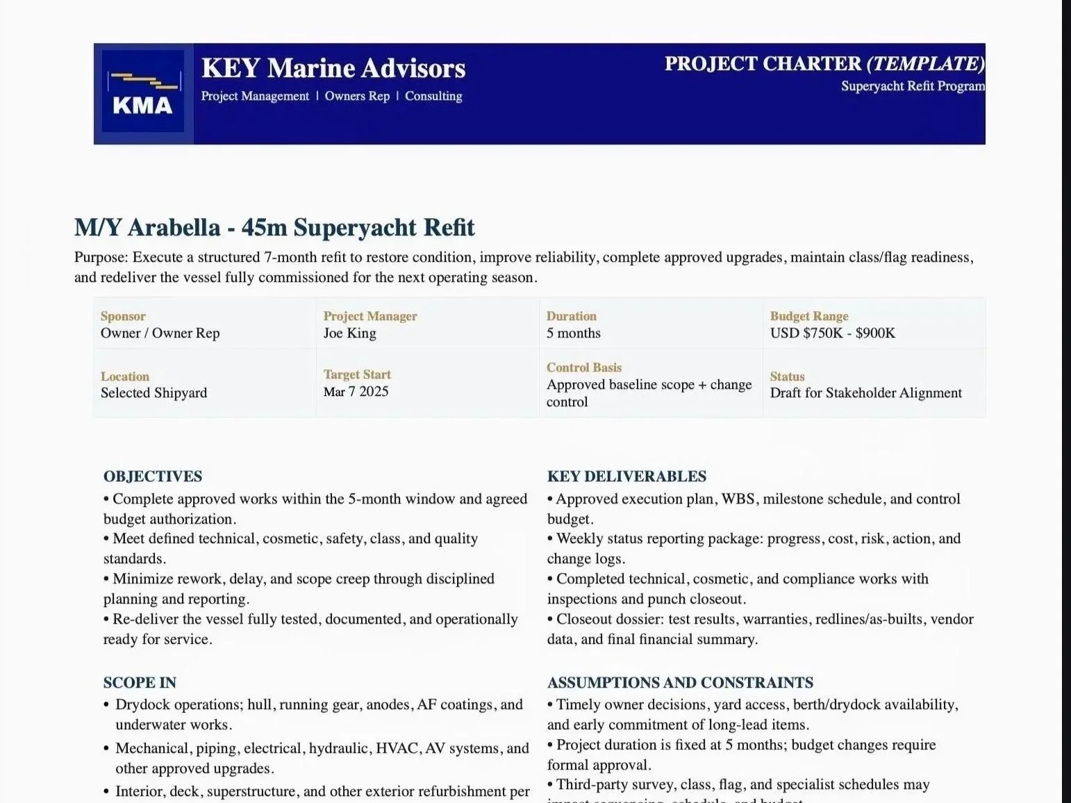 Document titled 'KEY Marine Advisors Project Charter Template' for a 45-meter superyacht refit on M/Y Arabella, includes project details, objectives, key deliverables, scope, and assumptions.