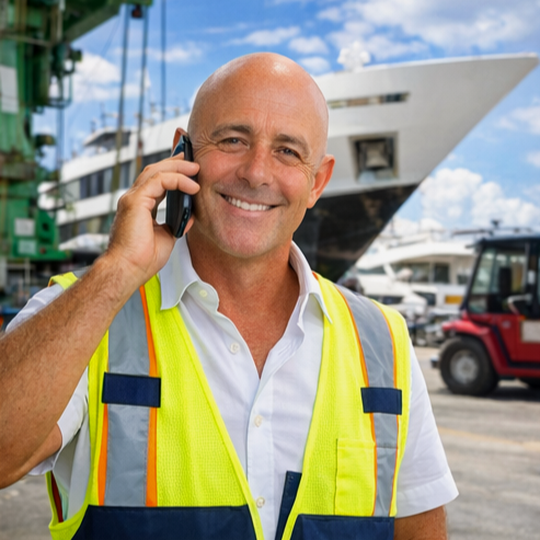 Man in safety vest talking on cellphone at a marina with ships in the background.