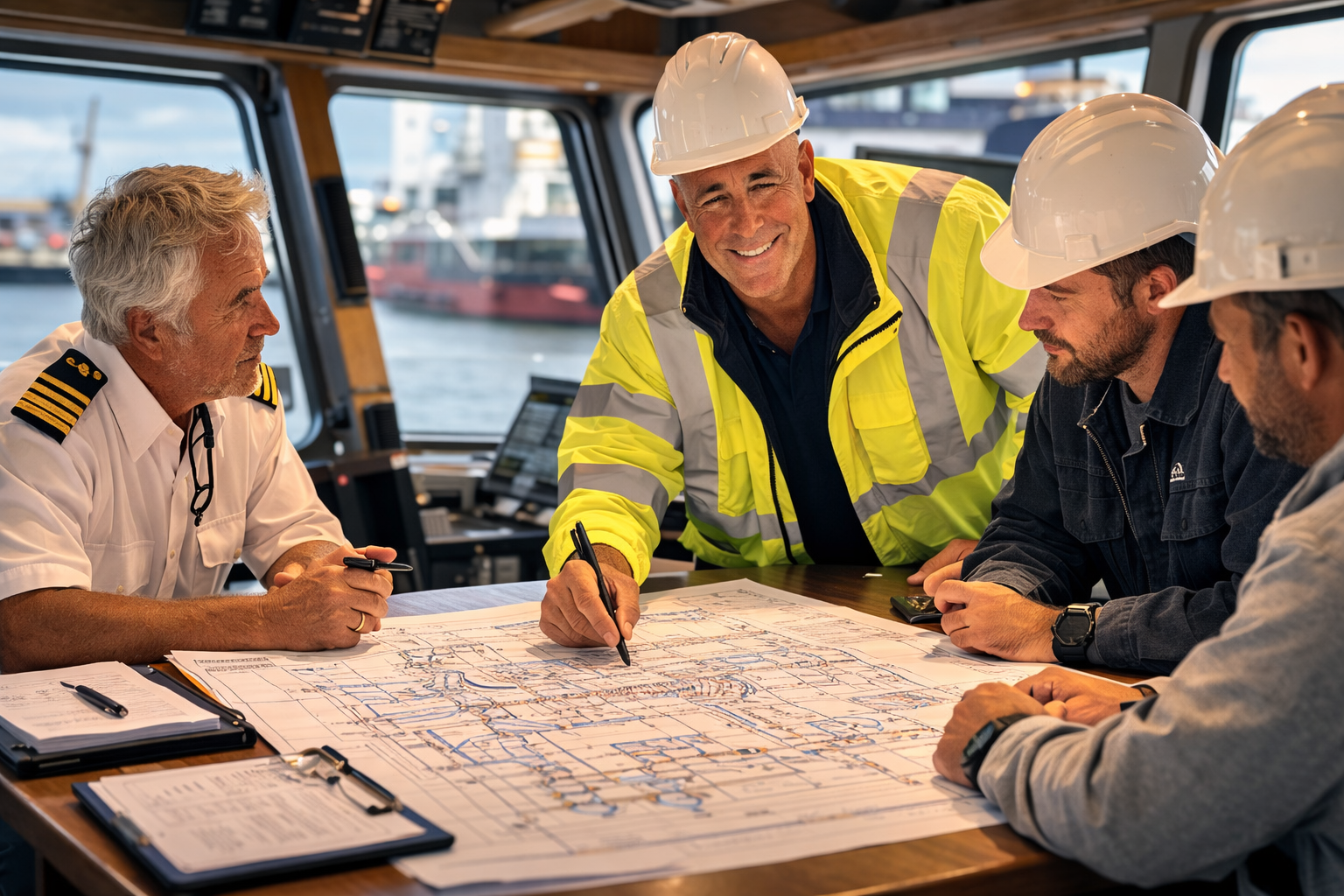 A group of four maritime professionals, including a captain, gathered around a table on a boat, examining waterway navigation charts and discussing plans.