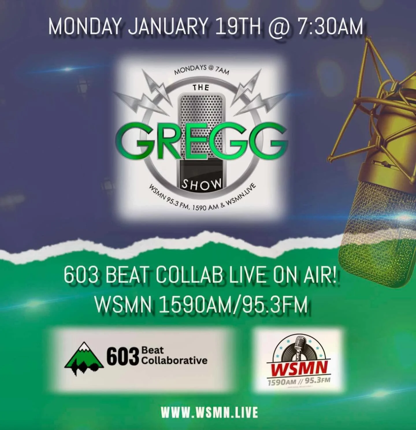 We are excited to announce that the 603 Beat Collaborative will be featured on The Gregg Show this Monday, January 19, 2026, at 7:30 AM.

Join us as we discuss our mission to empower the Nashua community through creative audio production, event manag