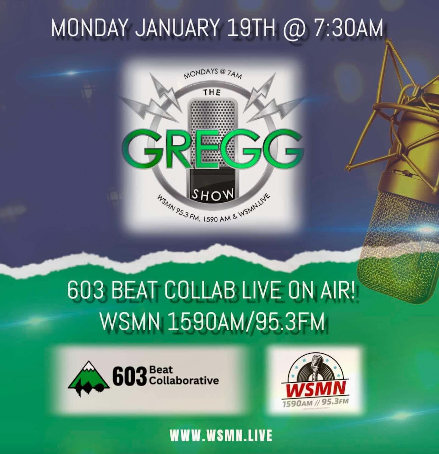 We are excited to announce that the 603 Beat Collaborative will be featured on The Gregg Show this Monday, January 19, 2026, at 7:30 AM.

Join us as we discuss our mission to empower the Nashua community through creative audio production, event manag