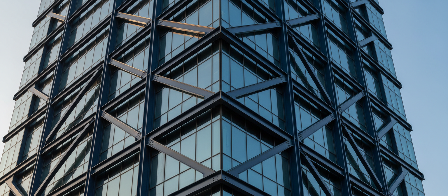 Close-up of a modern glass office building with structural steel beams on the exterior for design