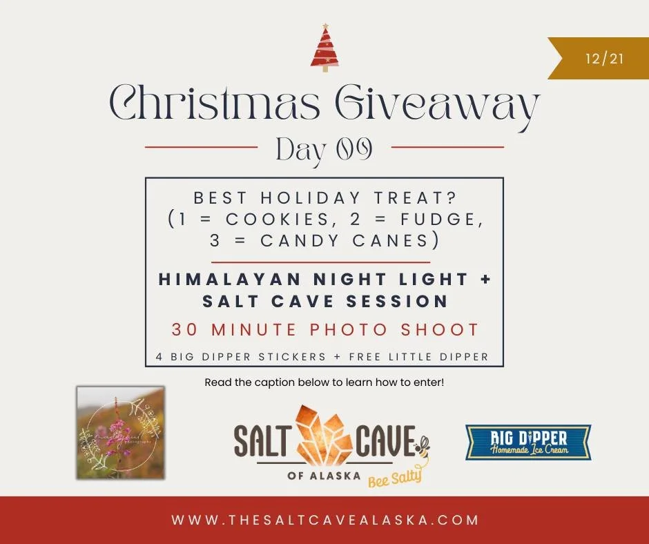 🎄🎉 DAY 9 CHRISTMAS GIVEAWAY 🎉🎄

Who doesn&rsquo;t love a good holiday treat?! 🍪🍫🍬

🎁 Day 9 Giveaway Includes:
✨ Salt Cave Session + Himalayan Salt Night Light
✨ 30 Minute Photo Shoot with @maddyhullphoto 
✨ 4 Big Dipper Stickers + FREE Little