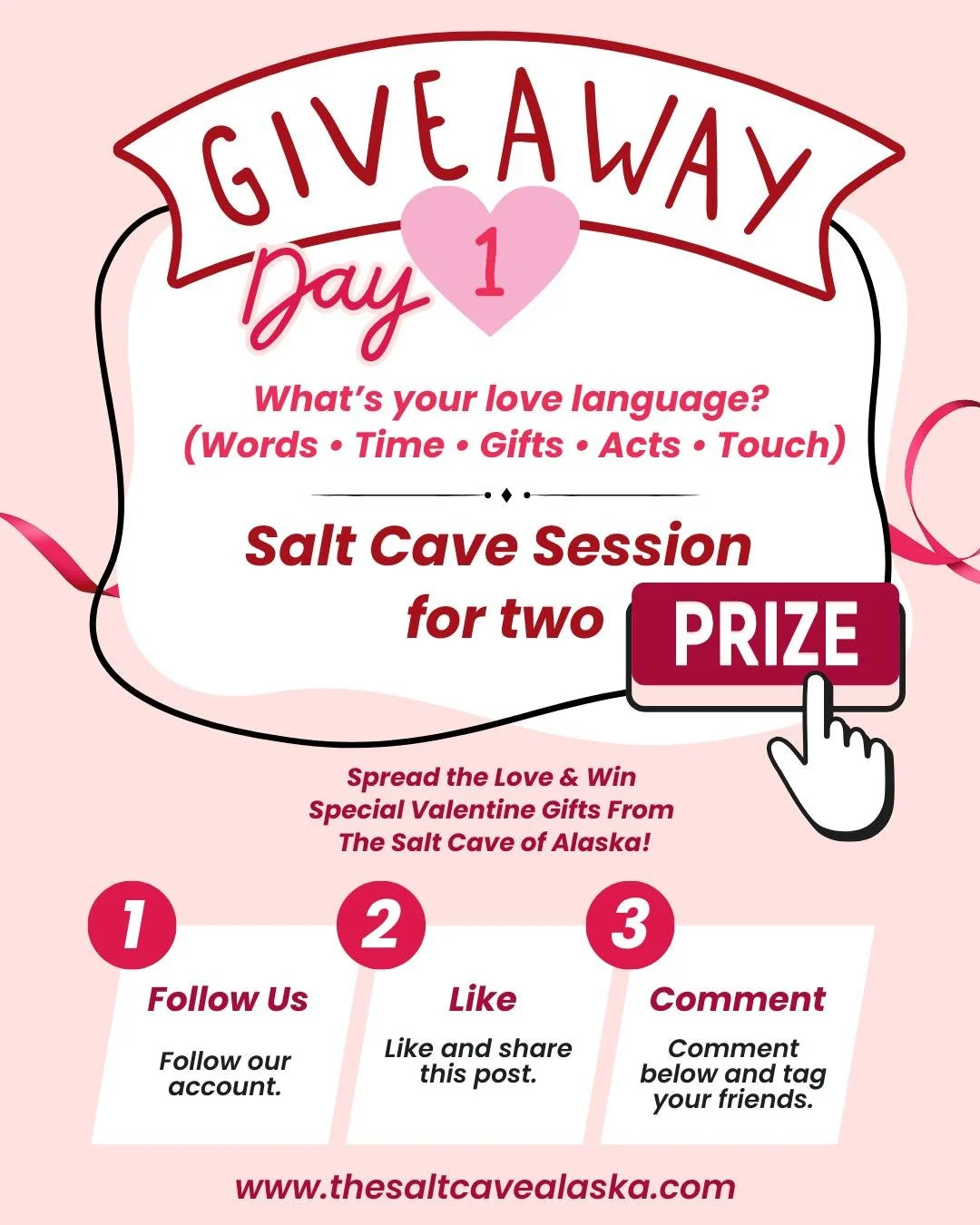 💖 Day 1 - Love Language 💖

Tell us about your love language: Words of affirmation, quality time, receiving gifts, acts of service, or physical touch? Psst... maybe your valentine will see this 😉😜

Prize: Salt Cave Session for Two

To Enter:
1️⃣ F
