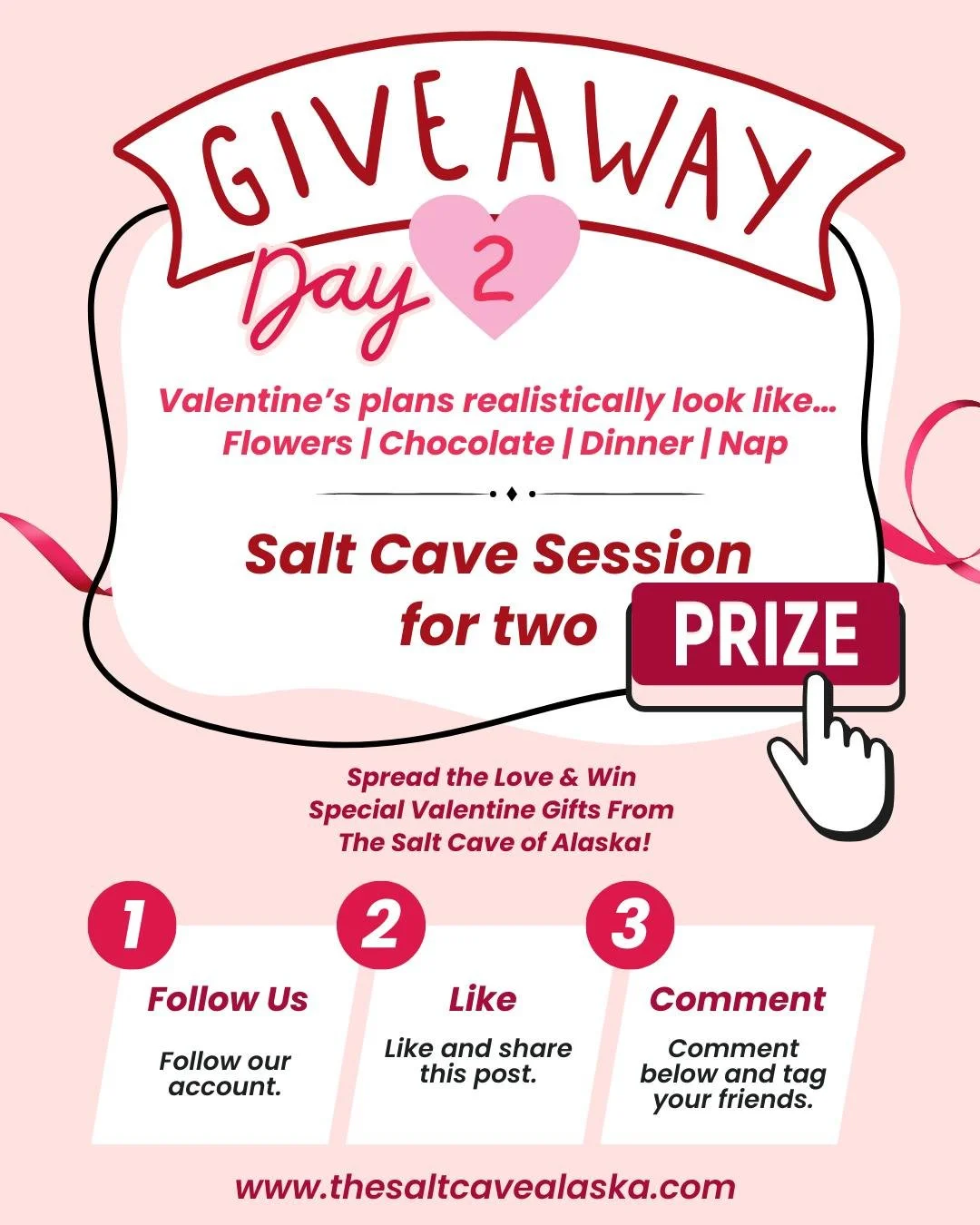💕 DAY 2 &ndash; VALENTINE&rsquo;S PLANS 💕

What do your Valentine&rsquo;s plans realistically look like?
🌸 Flowers | 🍫 Chocolate | 🍽 Fancy Dinner | 😴 Nap 

Prize: 2 Salt Cave Sessions

To Enter:
1️⃣ Follow us
2️⃣ Like &amp; share this post
3️⃣ 