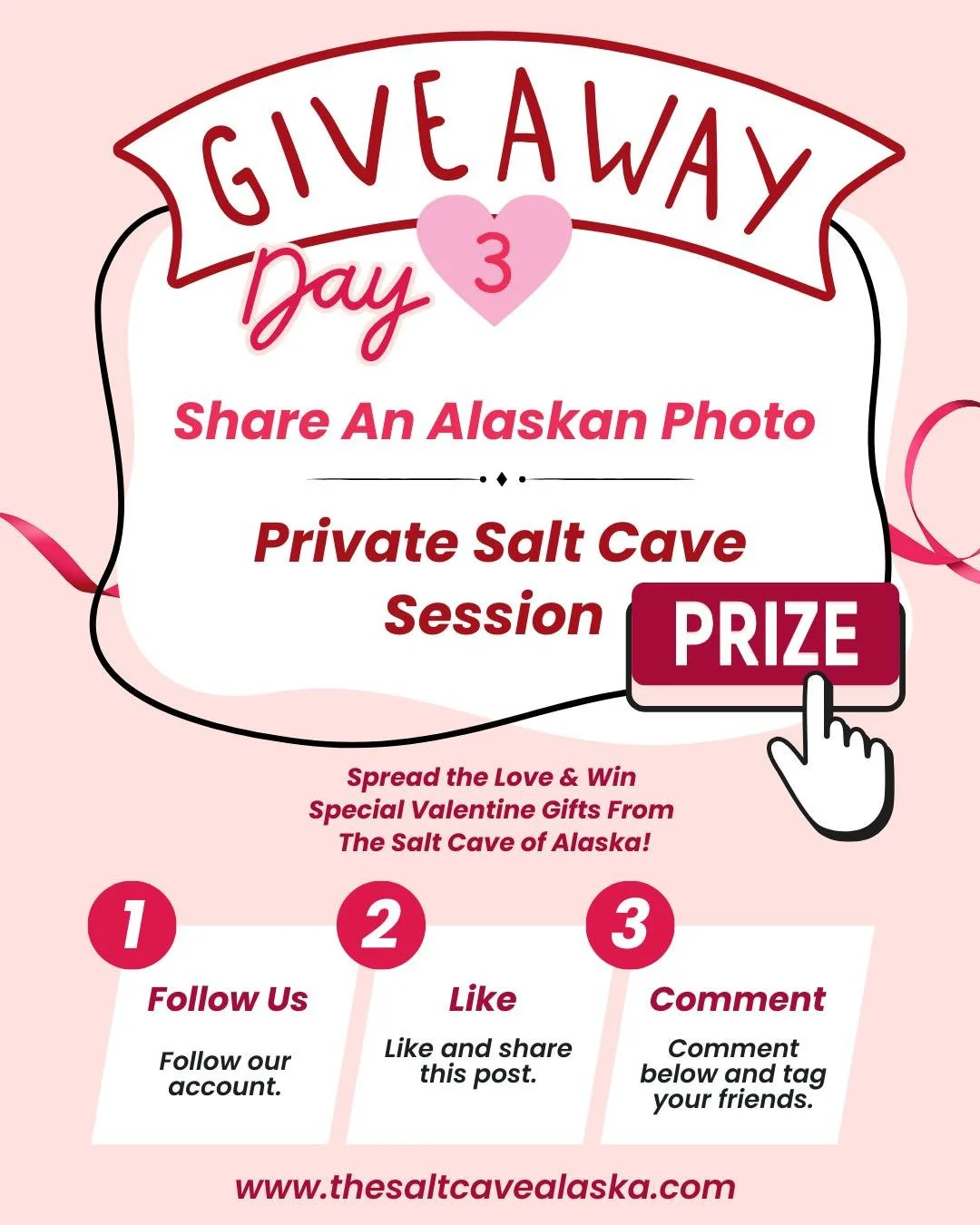 ❤️ DAY 3 &ndash; SHARE AN ALASKAN PHOTO ❤️

Share your favorite photo of Alaska in the comments! 🌲❄️🏔️

Prize: Private Salt Cave Session

To Enter:
1️⃣ Follow us
2️⃣ Like &amp; share this post
3️⃣ Comment &amp; tag your friends

Winner will be anno