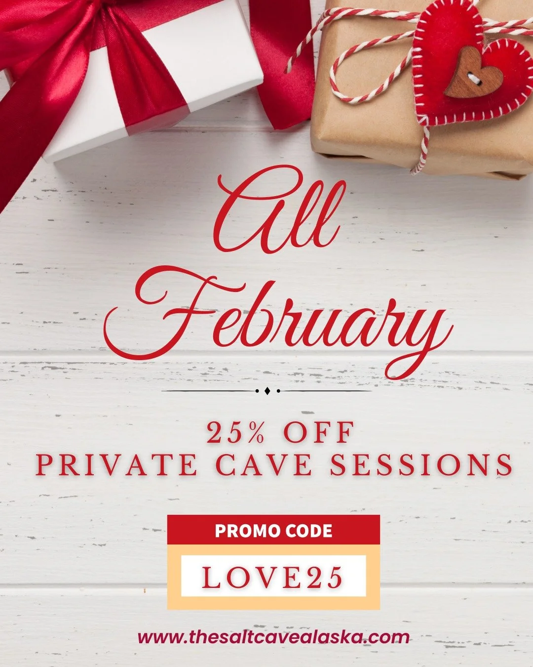 February is halfway over! Don&rsquo;t miss 25% off private cave sessions this month with code LOVE25. Book your session today.

Relax, recharge, and enjoy the calming vibes of The Salt Cave of Alaska. 

https://saltcaveofalaska.as.me/?appointmentType