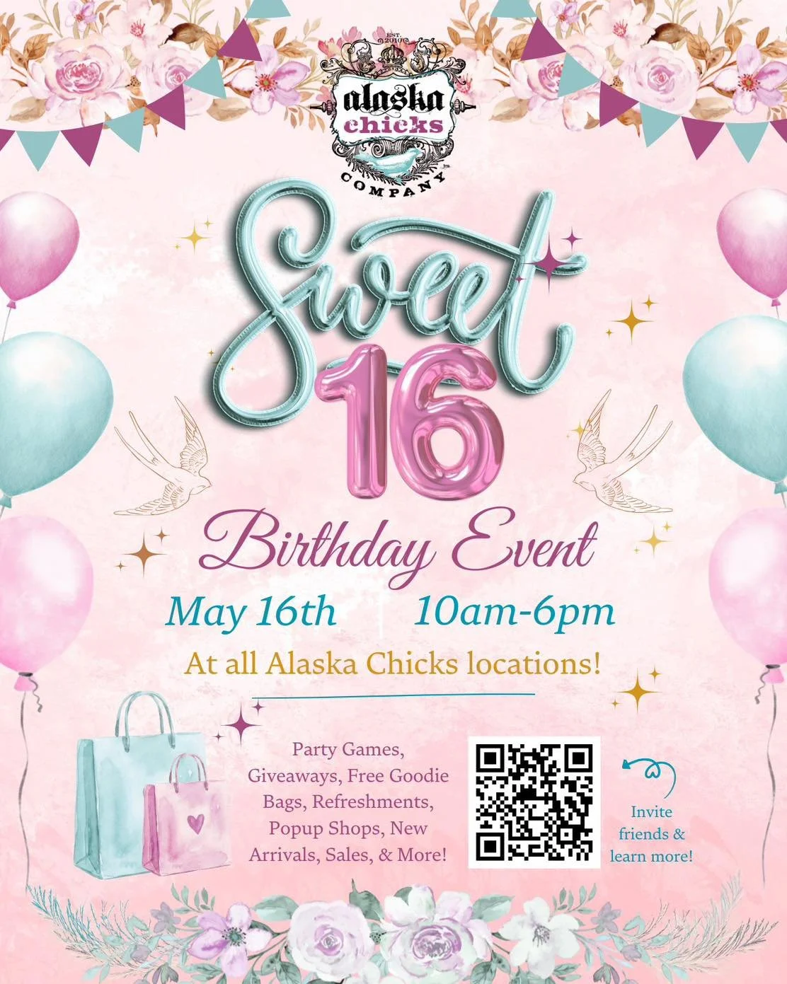 Join us in celebrating with our neighbors&mdash;- Alaska Chicks Co. as they celebrate Sweet 16 Birthday today from 10am-6pm! Alaska Chicks inThe Clock Tower with Carina&rsquo;s at the Clocktower The Clock Tower Salon &amp; Spa

This special occasion 