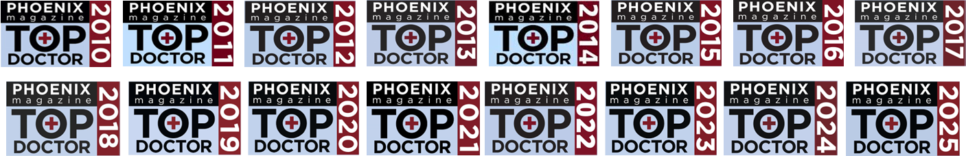 A collection of Phoenix Magazine Top Doctor awards from 2011 to 2025, arranged in a grid with each year's award card featuring the magazine logo, the words 'Top Doctor,' and the year.