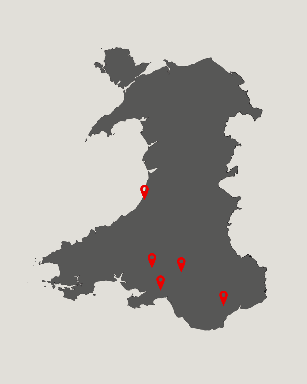 Map of Wales with pins highlighting locations for driving lessons: Aberystwyth, Swansea, Neath, Ammanford, Caerphilly, Pontypridd & Cardiff.