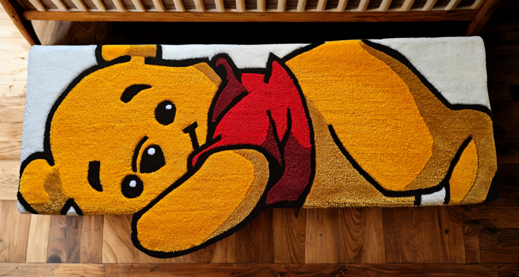 Colorful rug with Winnie the Pooh character lying on his side, wearing a red shirt, on a white background