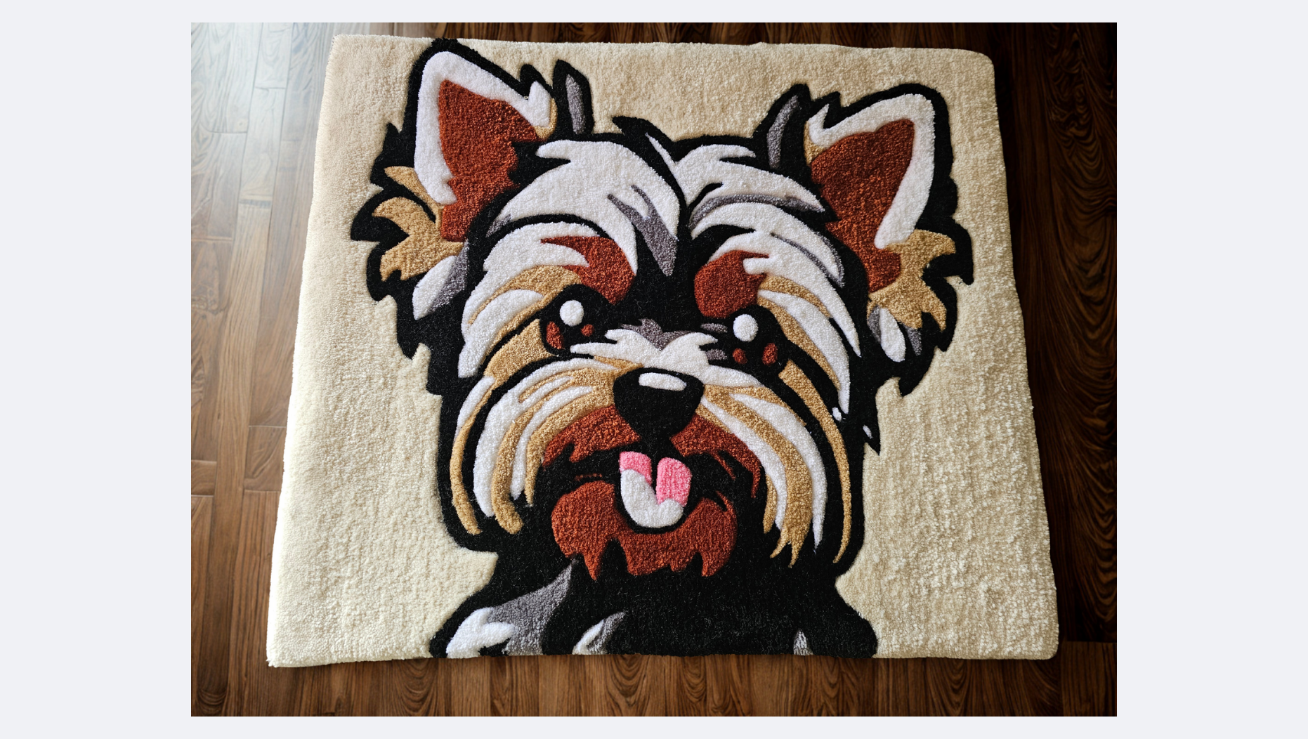 A rectangular rug with a colorful cartoon dog face design, featuring large eyes, a black nose, and an open mouth with a pink tongue, on a wooden floor.