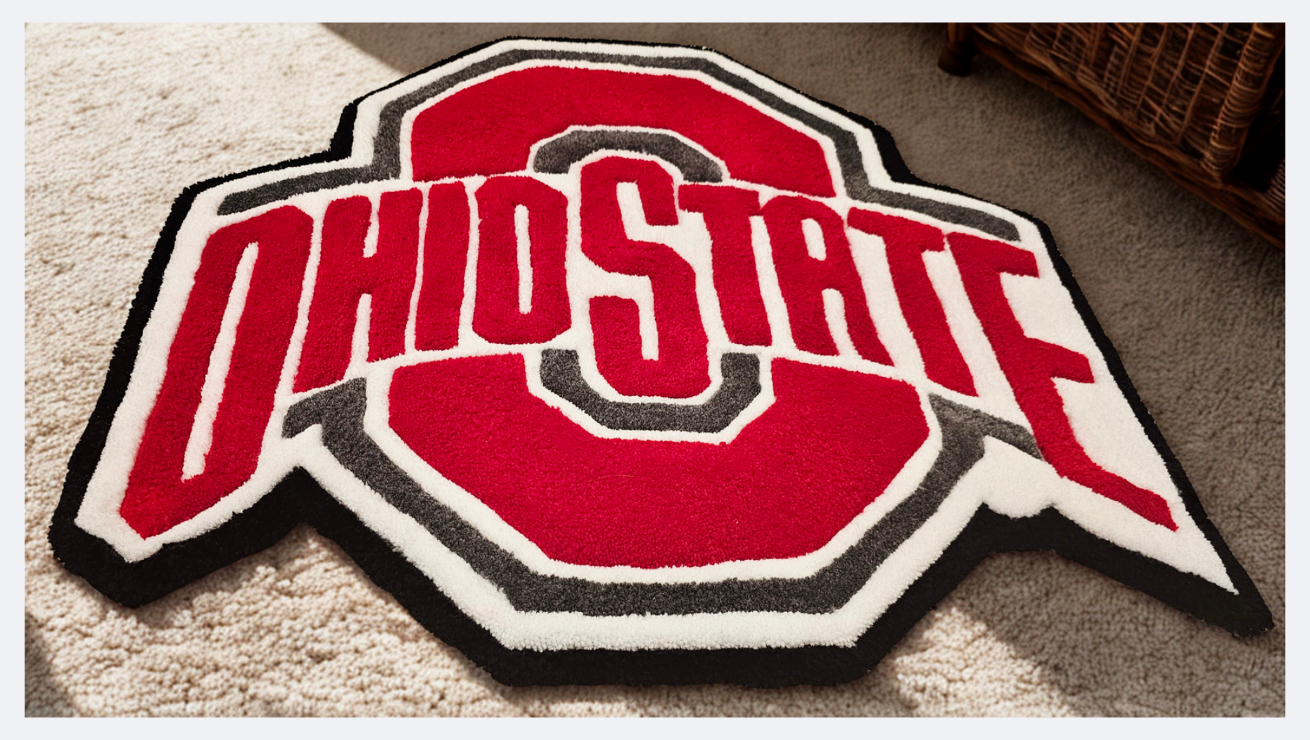 A rug with the Ohio State Buckeyes logo and colors, placed on a beige carpet near a wicker basket.