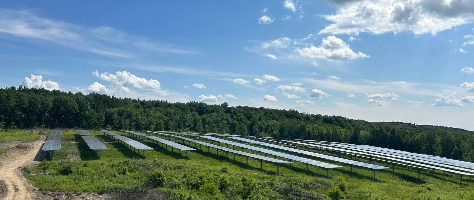 Solar panels installed on a grassy field with a forested background and a blue sky with some clouds.