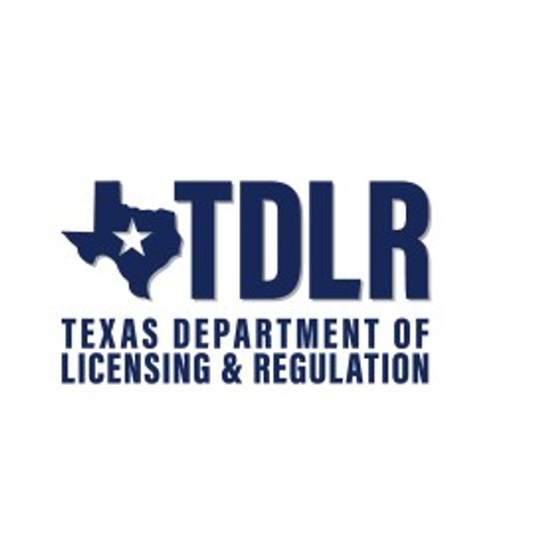 Logo of the Texas Department of Licensing & Regulation featuring the acronym TDLR, a silhouette of Texas with a star, and the full name of the department underneath.