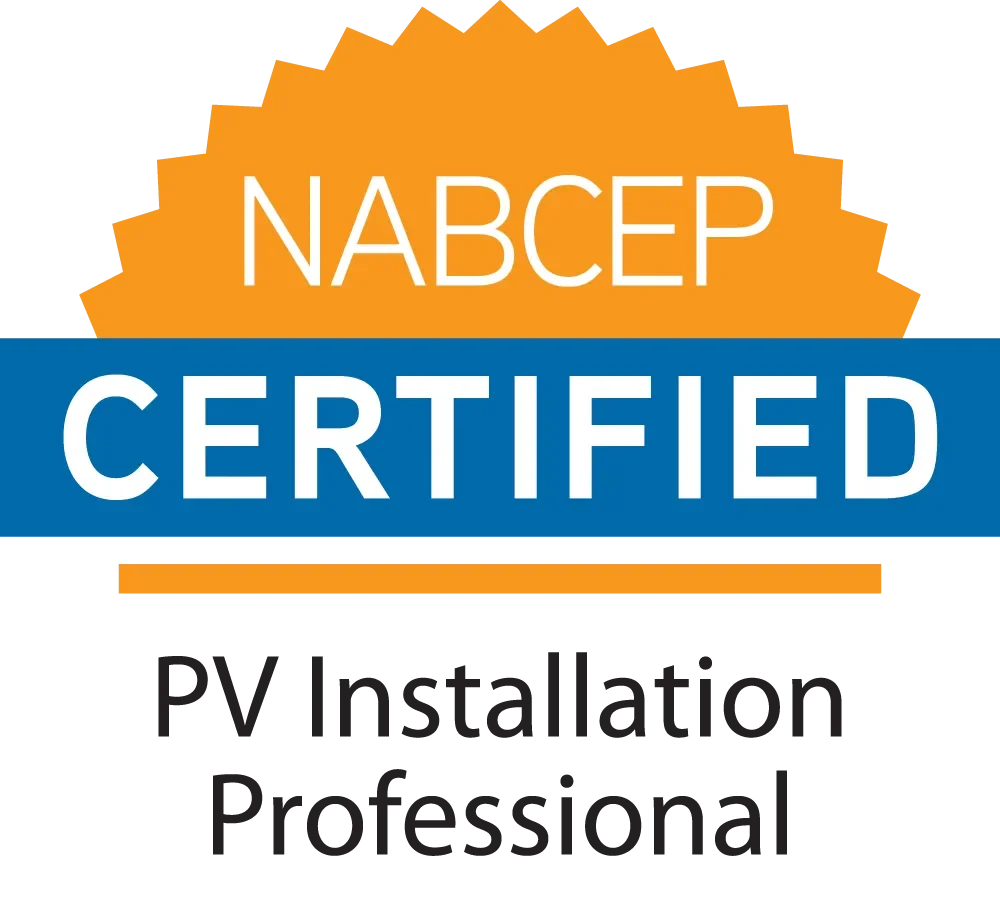 NABCEP Certified PV Installation Professional badge with orange and blue design elements.