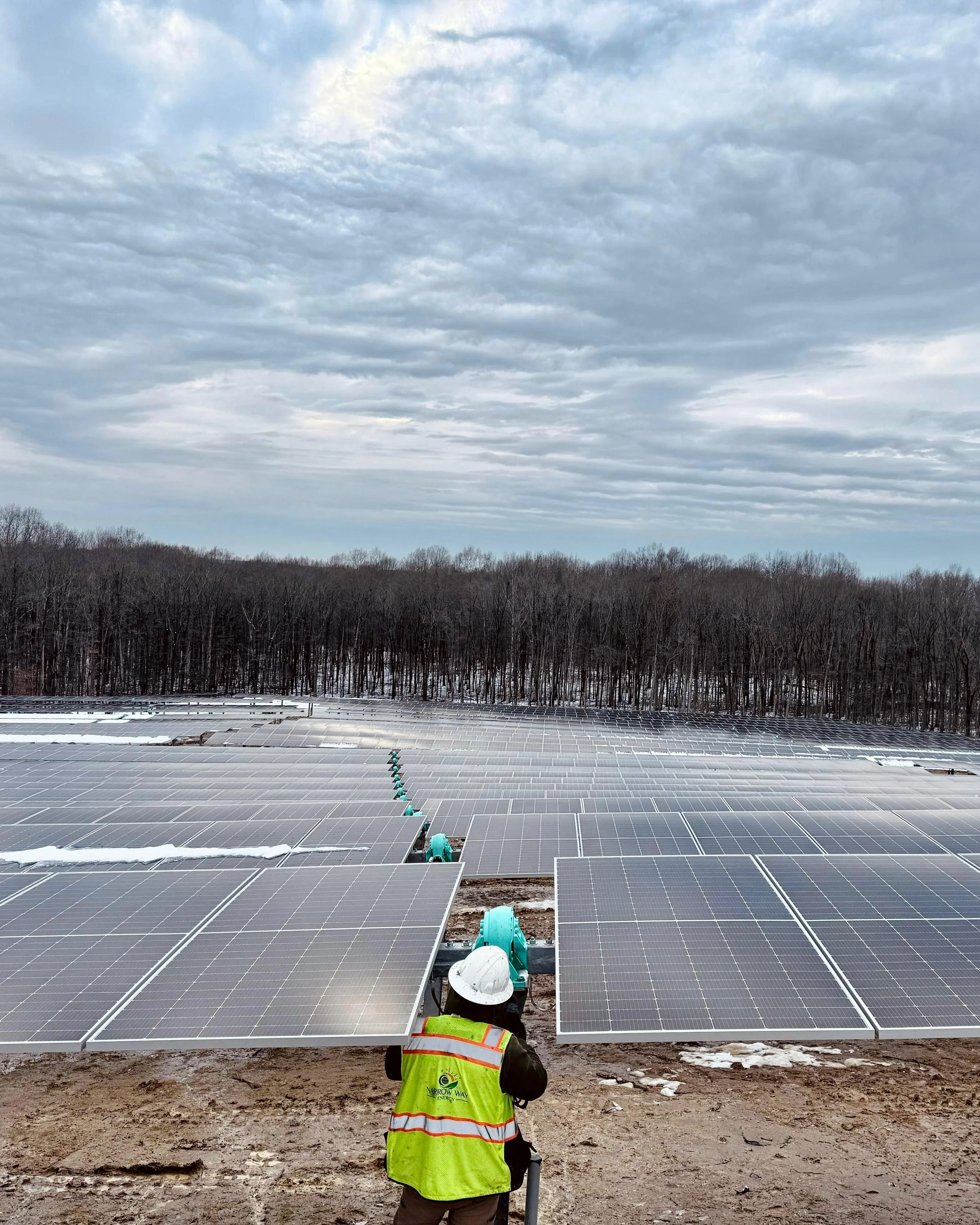 Worker inspecting solar panels on a large solar farm with cloudy sky and trees in the background