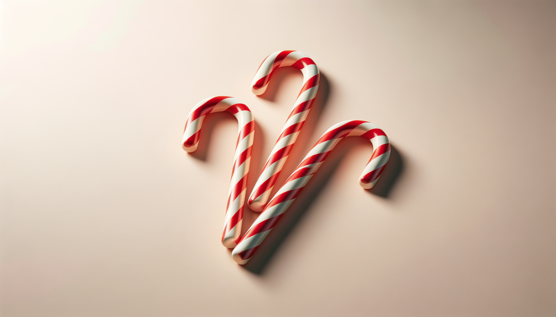 Three candy canes with red and white stripes arranged on a light-colored surface.