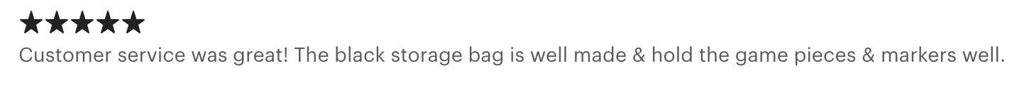 Customer review with five stars indicating excellent service and satisfied comments about a black storage bag.