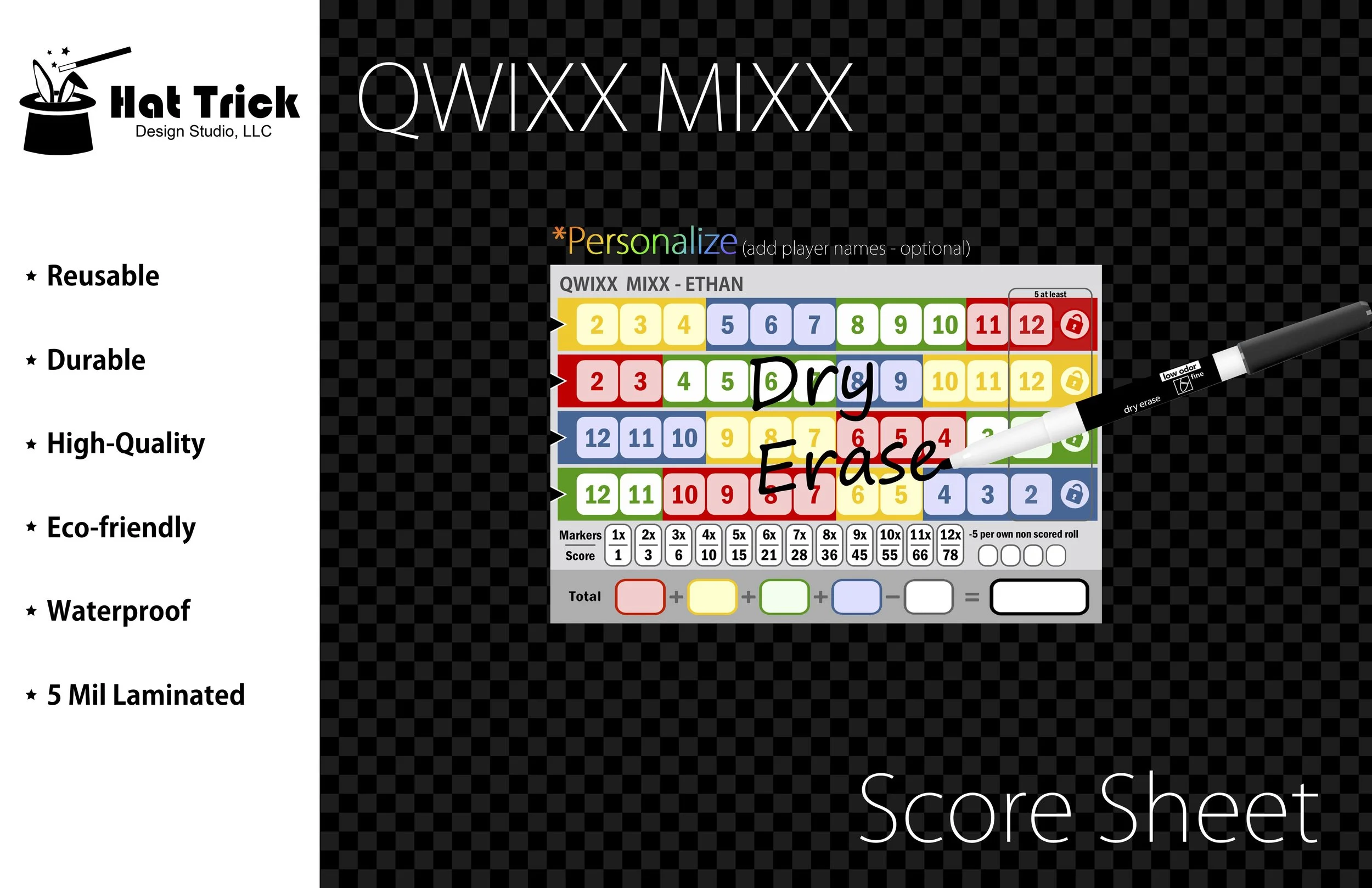Laminated QWIXX MIXX Score Sheet, Waterproof, Reusable, Wet Erase and Dry Erase