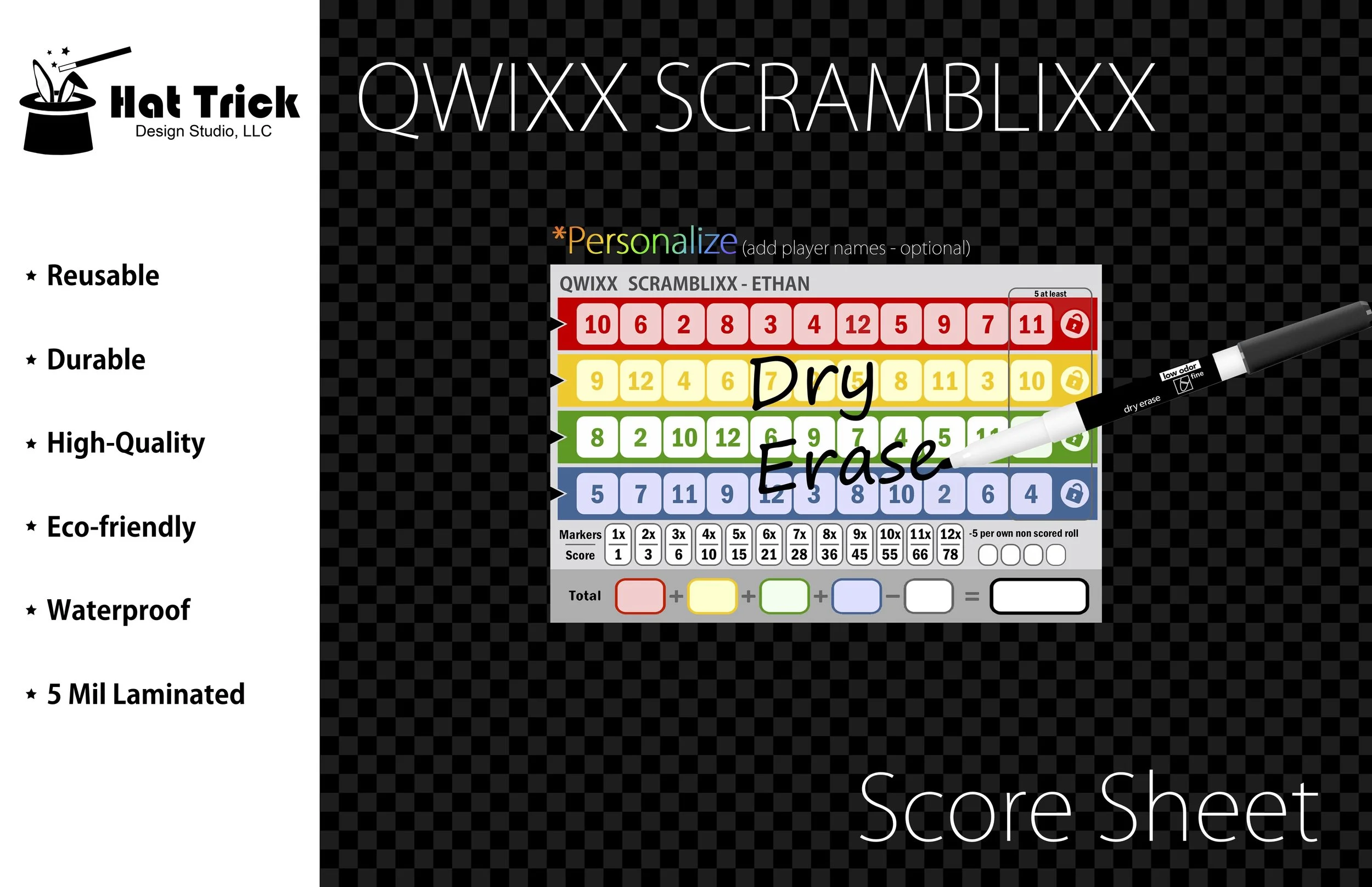 Laminated QWIXX SCRAMBLIXX Score Sheet, Waterproof, Reusable, Wet Erase and Dry Erase