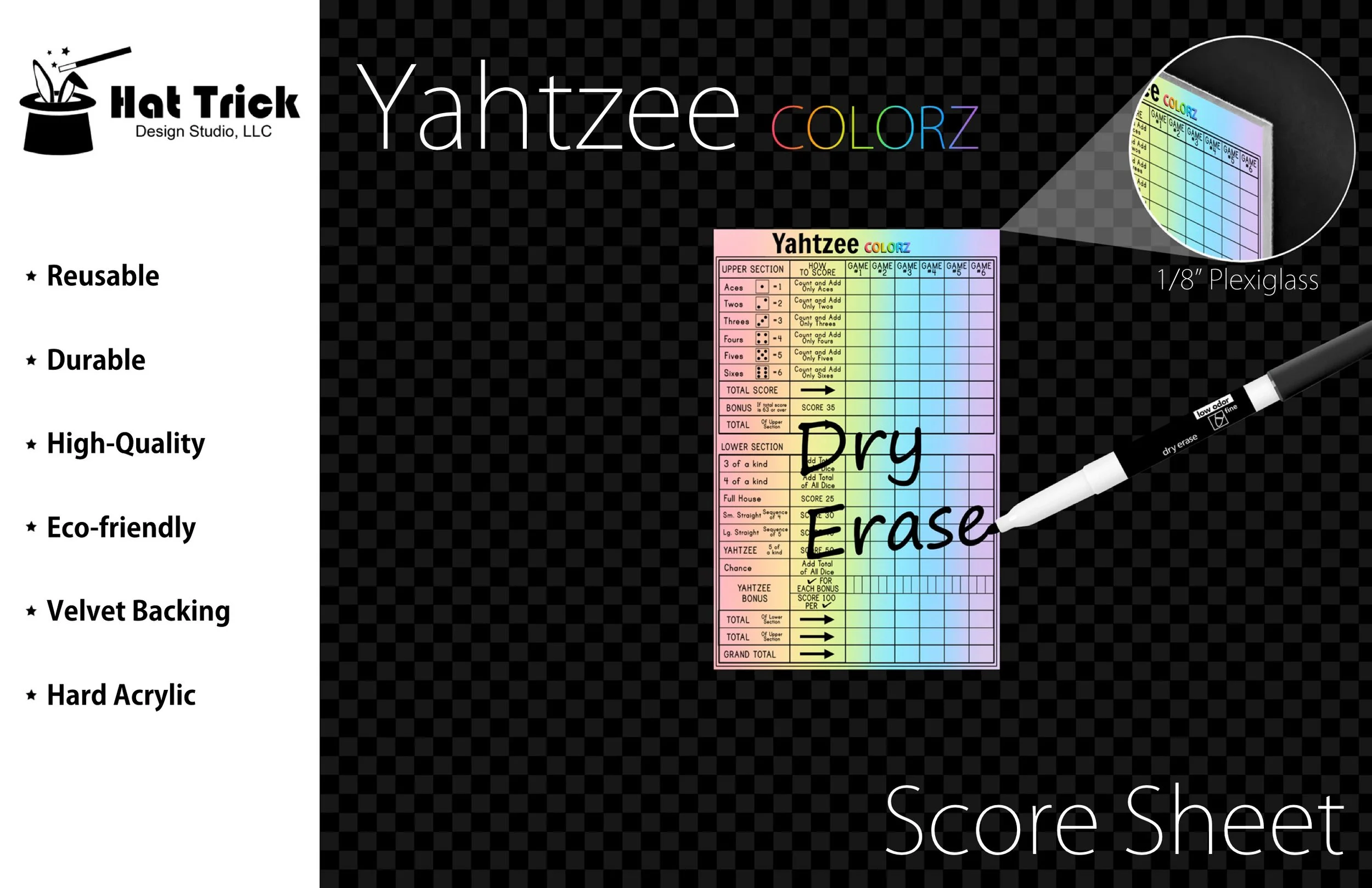 Premium Acrylic Yahtzee Colorz Score Sheet Upgrade, Reusable, Wet Erase and Dry Erase