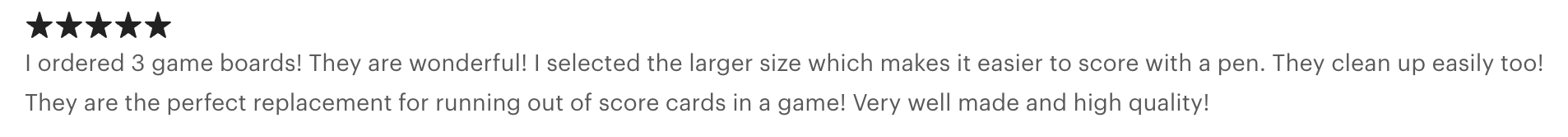 Customer review with five-star rating praising the game boards for their size, ease of cleaning, and quality.