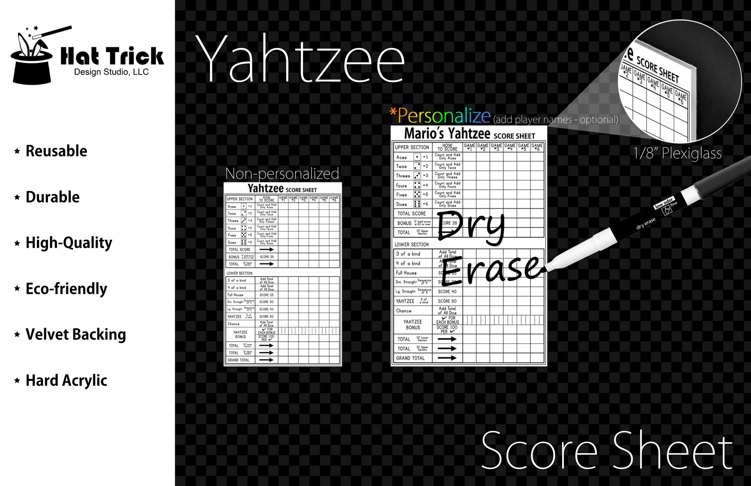 Premium Acrylic Yahtzee Score Sheet Upgrade, Reusable, Wet Erase and Dry Erase